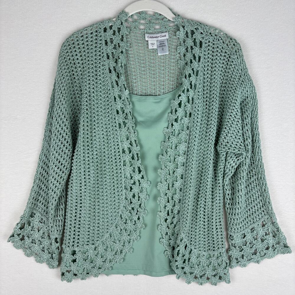 Coldwater Creek Sage Green Open Front Crochet Cardigan w/ Tank Top Women's Small